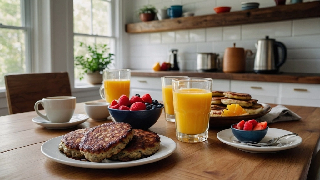 Family-style breakfast featuring venison sausage, pancakes, and coffee in a bright kitchen