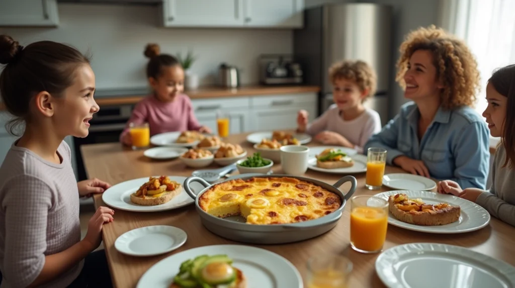 A modern kitchen where a family is enjoying breakfast casserole with side dishes like avocado toast and roasted potatoes.