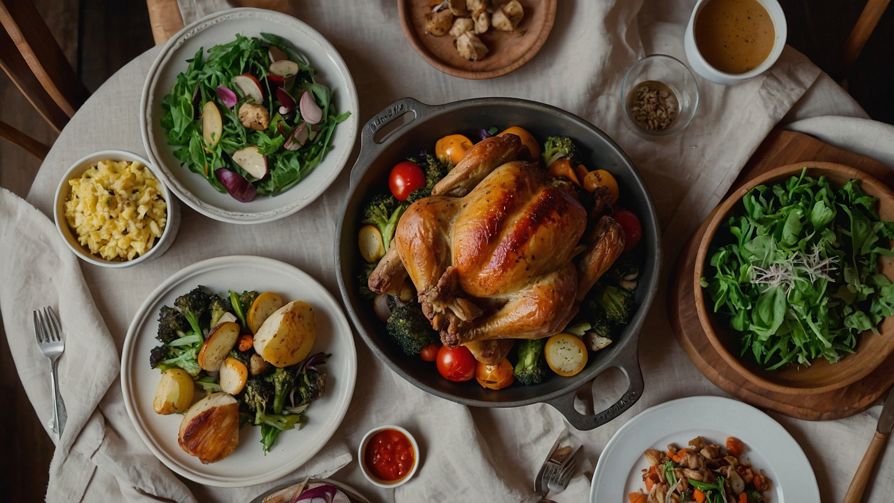 Cozy family dinner table with baked dishes, including a casserole and a sheet-pan meal.