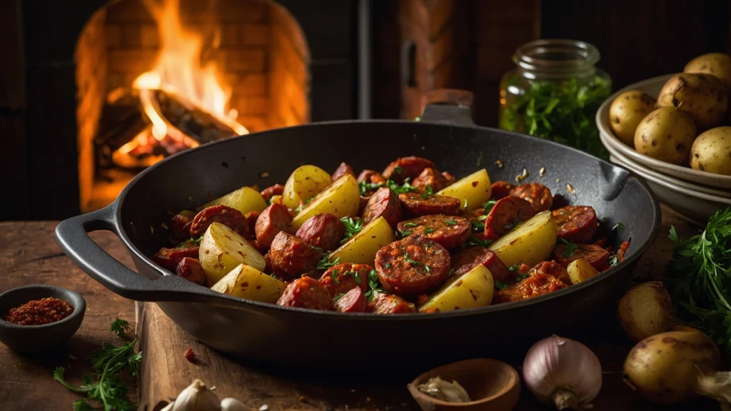 A skillet of chorizo and potatoes garnished with fresh herbs on a rustic kitchen table.