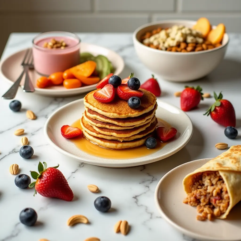 A collection of vegan breakfast recipes including pancakes, fresh fruits, and a breakfast burrito.