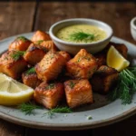 A plate of crispy salmon bites garnished with fresh dill and lemon wedges,