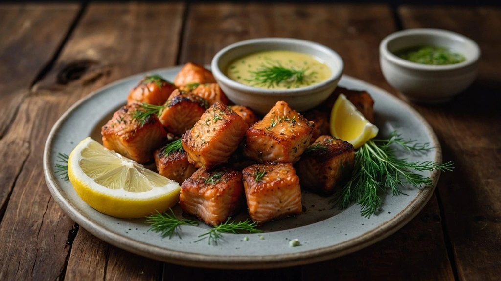 A plate of crispy salmon bites garnished with fresh dill and lemon wedges,