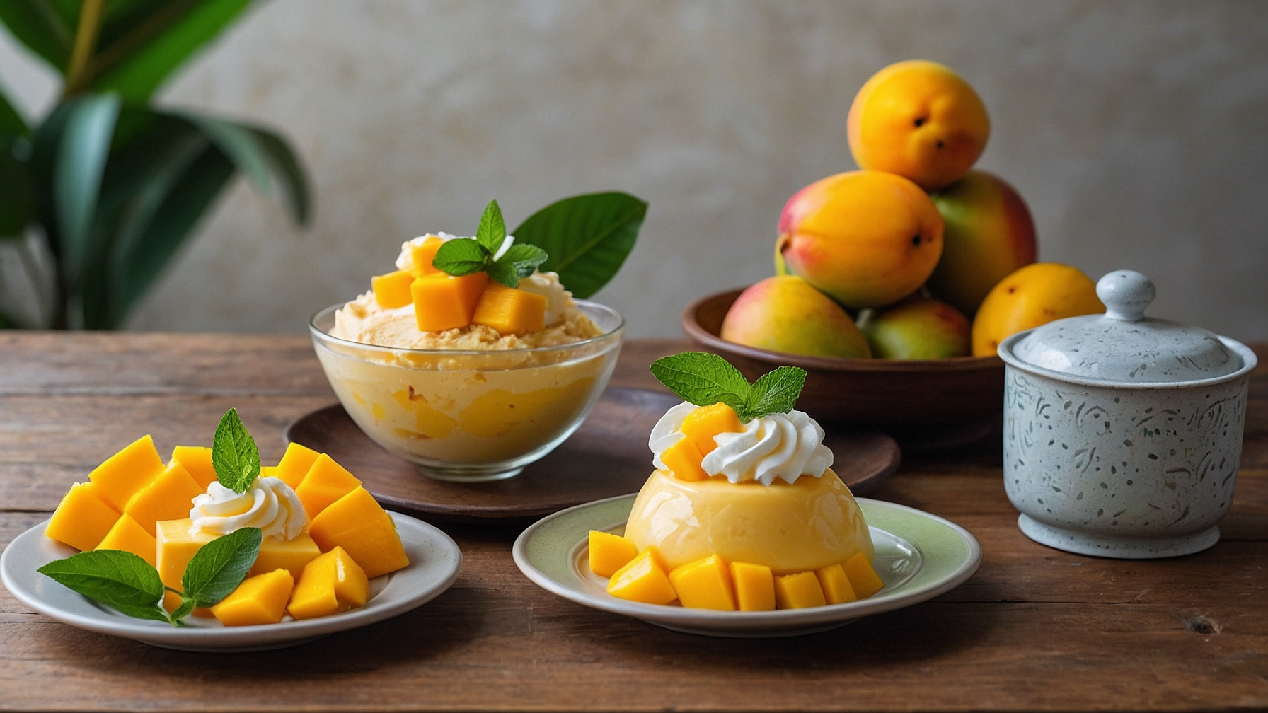 A colorful array of mango desserts including mango pudding, mango sorbet, and mango cheesecake on a wooden table.