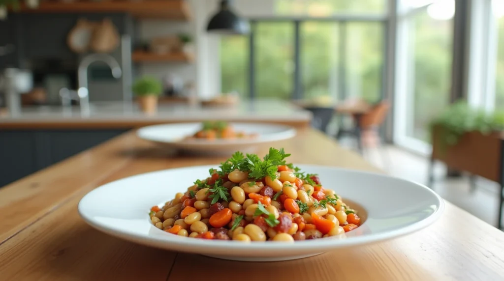 A vibrant, fresh dense bean salad served in a large white bowl with a variety of beans (kidney beans, chickpeas, black beans) alongside colorful vegetables like tomatoes, cucumbers, and red onions. The salad is topped with a light vinaigrette dressing. The image has natural light highlighting the fresh ingredients, with a clean, modern kitchen setting in the background.