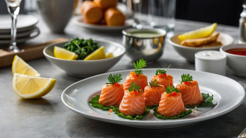 A platter of salmon bites with dipping sauces, fresh greens, and lemon wedges