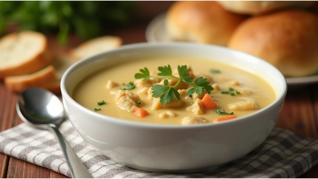 A serving bowl of creamy Chicken Pot Pie Soup garnished with parsley, placed next to bread rolls on a checkered napkin.