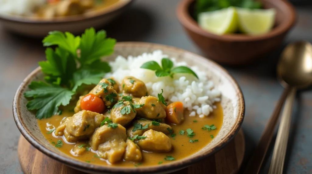 Flavorful Thai green curry with chicken and rice.