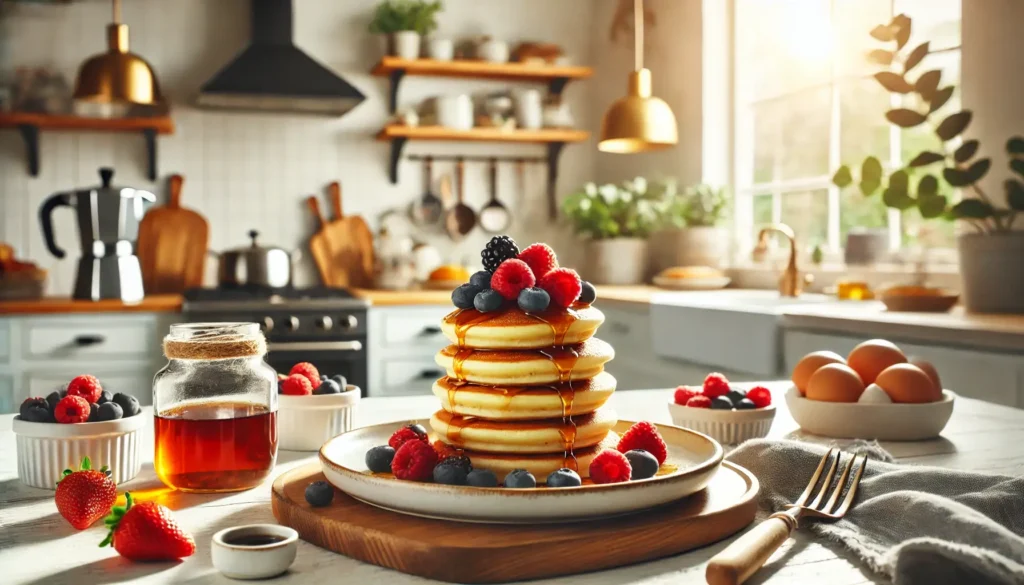 Fluffy mini pancakes stacked with fresh berries and maple syrup in a modern kitchen.