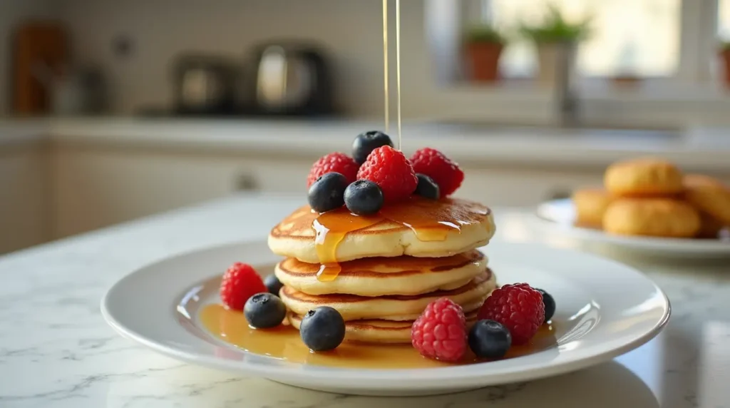 mini pancakes in a non-stick skillet in a modern kitchen