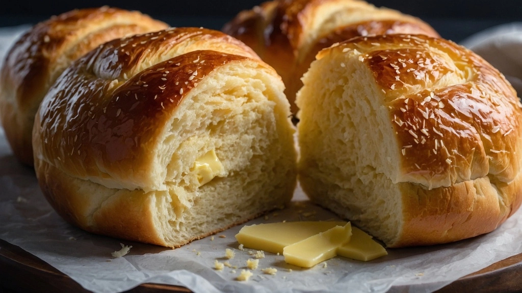 A sliced no-yeast roll with melting butter revealing its fluffy interior.