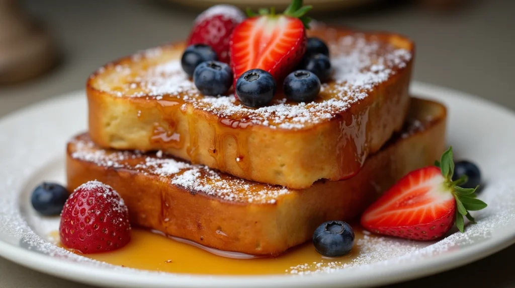 Golden French toast with syrup and fresh fruit.