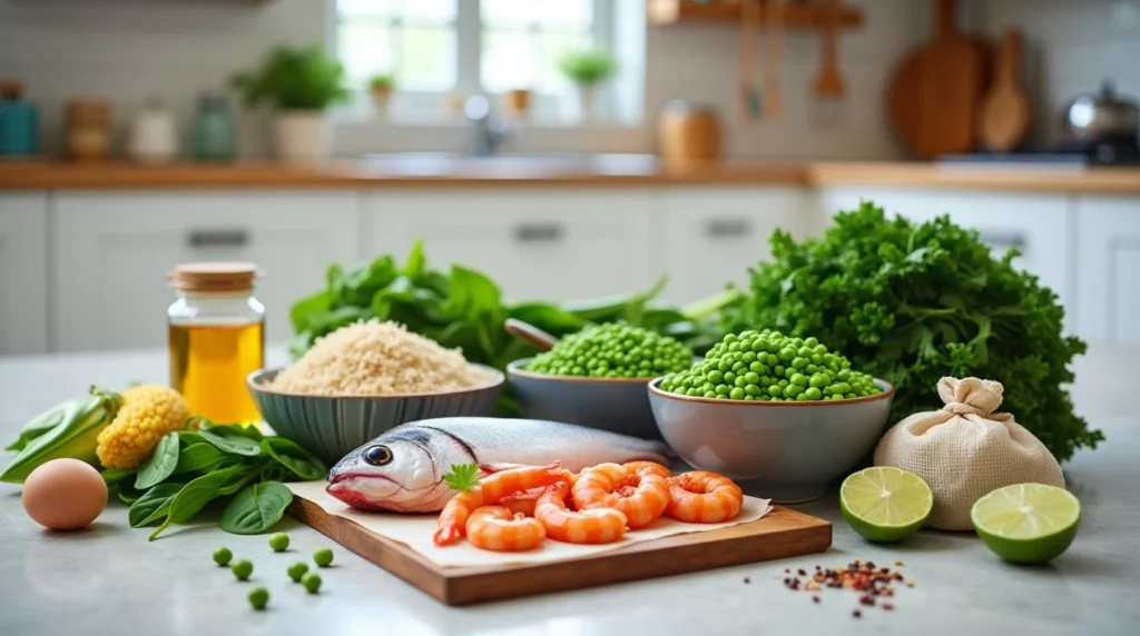 Fresh ingredients for homemade fish food, including shrimp, spinach, and fish fillets on a modern kitchen countertop.