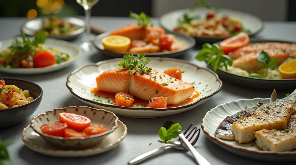 Elegant dinner table with various fish dishes including salmon and grilled mackerel, garnished with herbs and lemon.