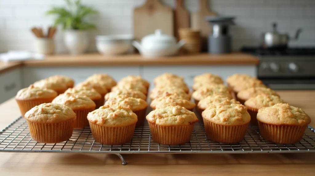 Sourdough discard muffins cooling on a wire rack in a modern kitchen