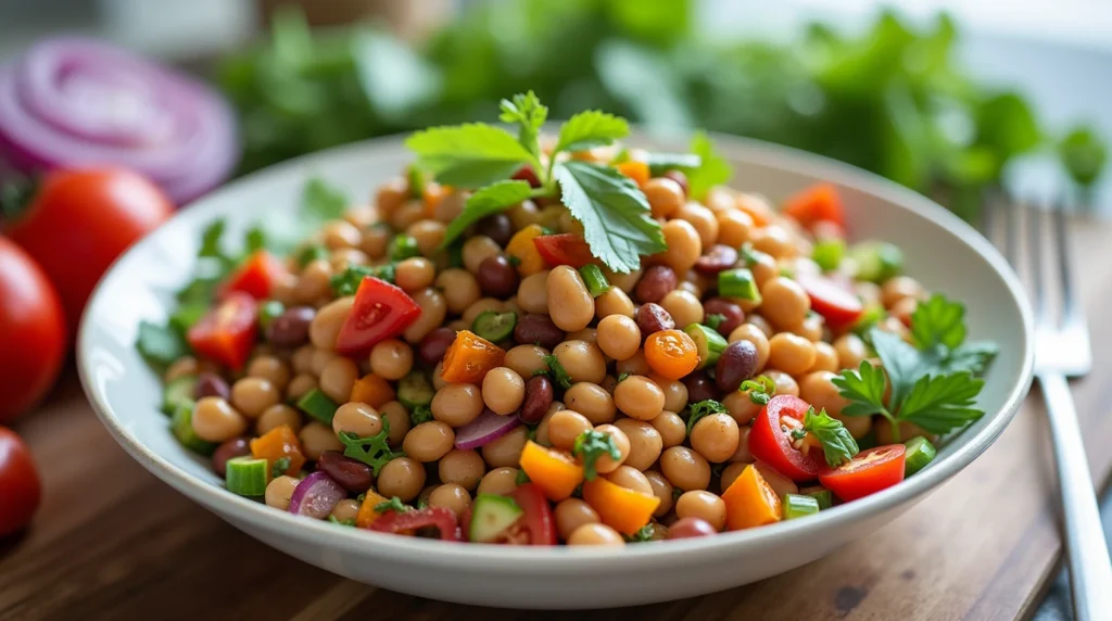 Fresh dense bean salad with colorful beans and vegetables, served in a modern kitchen