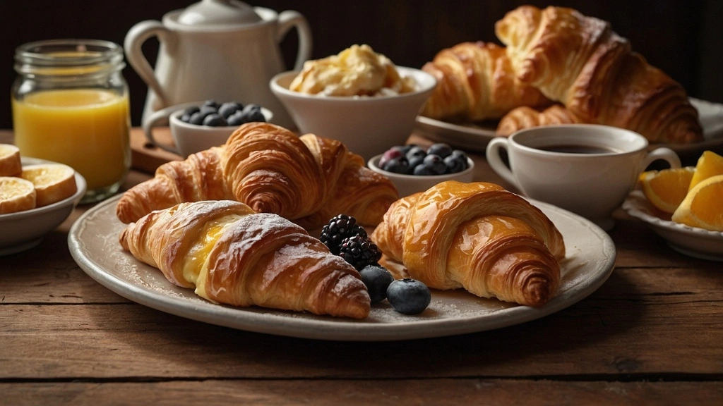 A selection of freshly baked breakfast pastries including croissants, cinnamon rolls, fruit danishes, and cheese-filled puff pastries on a wooden table.