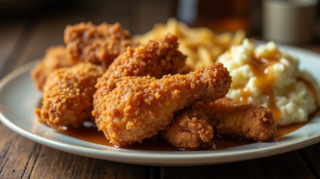 Golden and crispy fried chicken on a plate, a soul food favorite.