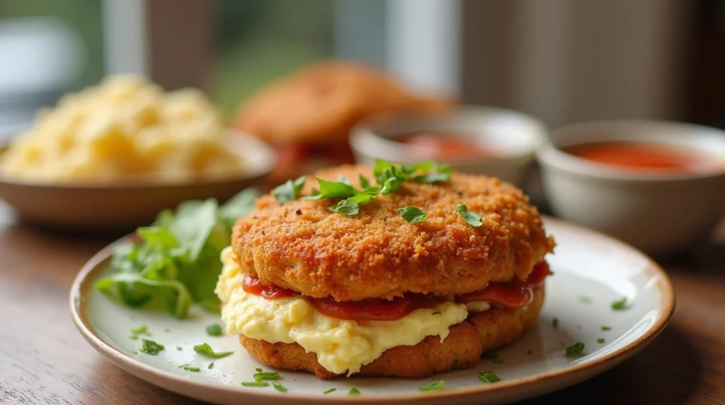 Delicious crispy fried chicken with mashed potatoes and dipping sauces.