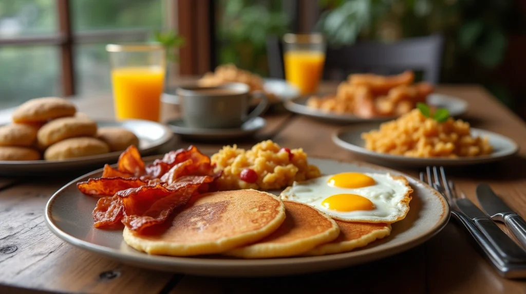 Traditional full American breakfast spread with pancakes, bacon, eggs, hash browns, and coffee.