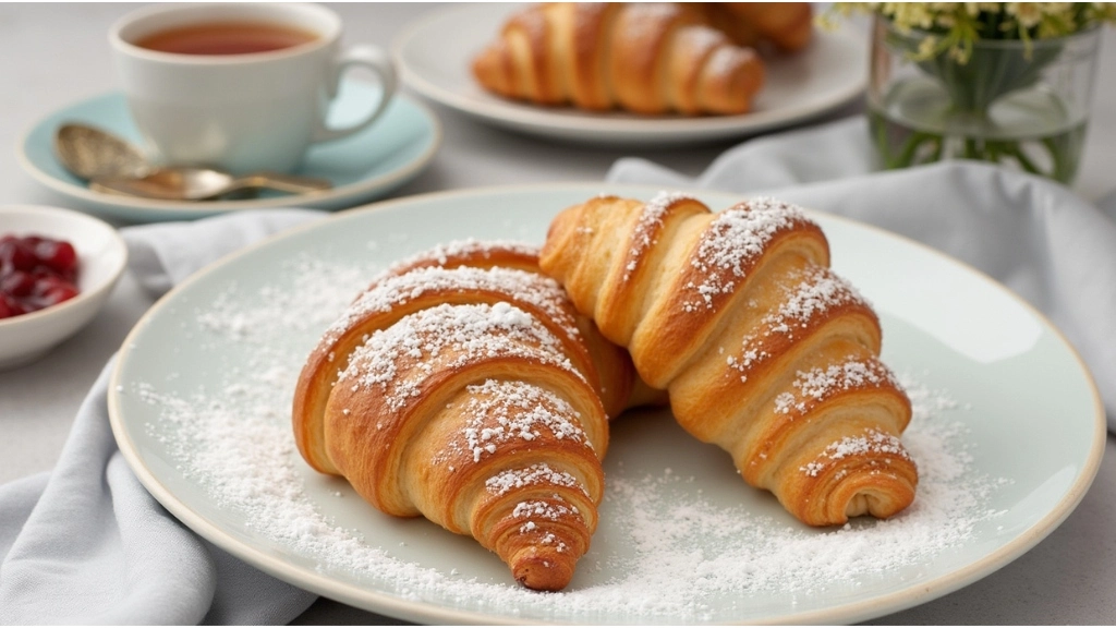 Gipfeli served with tea, jam, and powdered sugar