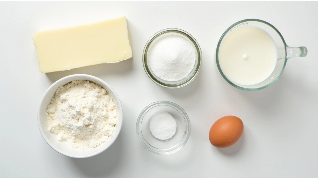 Ingredients for making Gipfeli, including flour, butter, yeast, sugar, salt, milk, and an egg.