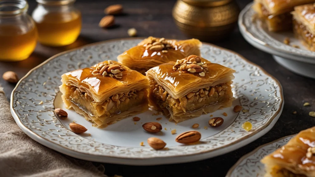 Close-up of golden Baklava slices with flaky phyllo layers, crushed nuts, and honey drizzle on a white plate