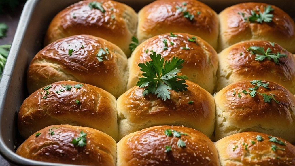 Golden brown no-yeast dinner rolls on a baking tray with butter and parsley.