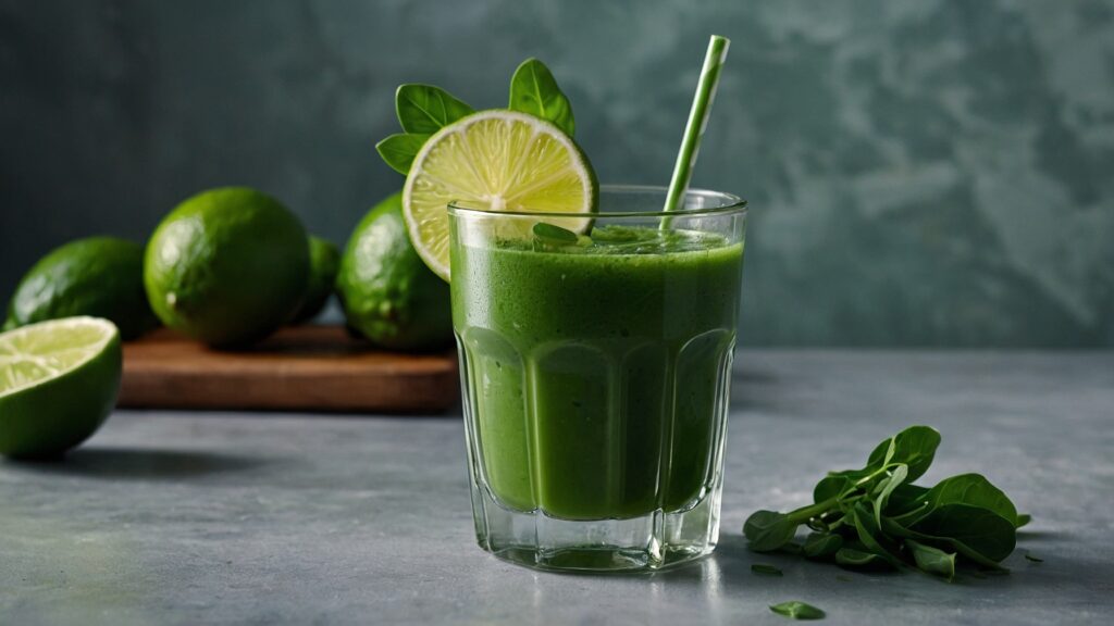 A green breakfast shot surrounded by spinach, kale, and lime on a minimal background.