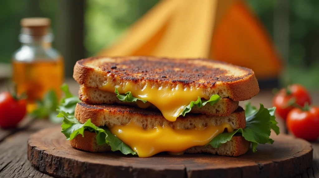 Grilled campfire sandwich with melted cheese and vegetables, perfect for a camping lunch.