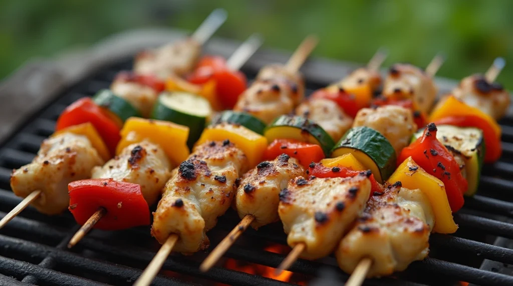 Grilled chicken and vegetable skewers cooking over a campfire, a delicious camping lunch option.