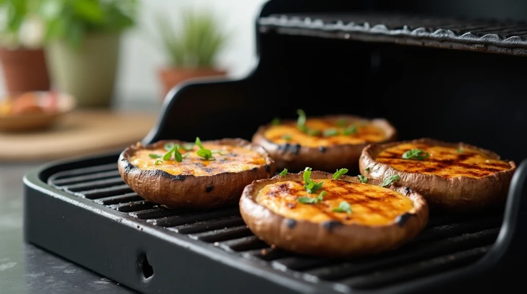 Grilled portobello mushrooms smoking in a modern kitchen