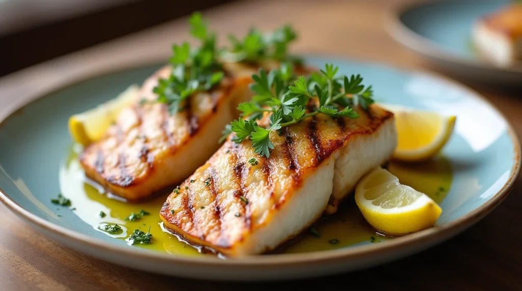 Grilled rockfish fillets with lemon wedges and herbs