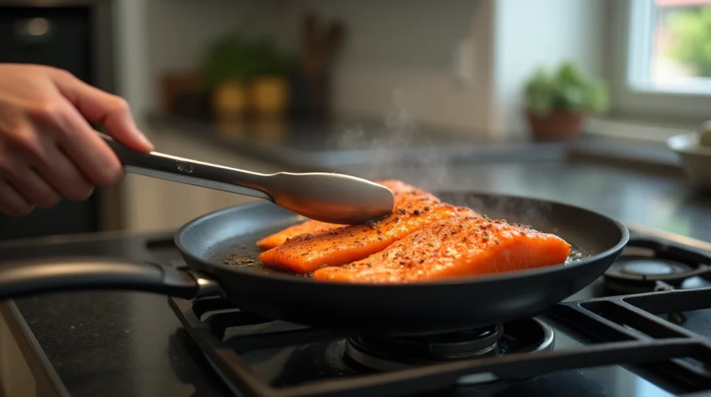 Grilled salmon being flipped in a modern kitchen, showcasing the cooking method.