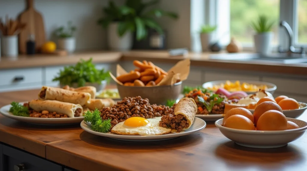 Assorted ground beef breakfast dishes on a table in a modern kitchen