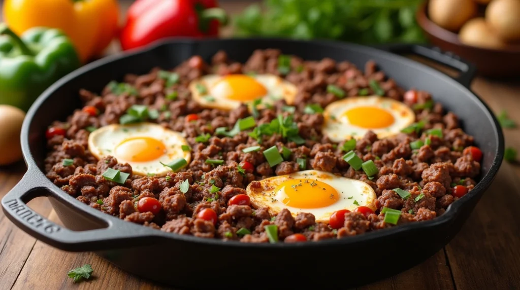 Ground beef breakfast hash served in a skillet with fresh ingredients on a wooden table.