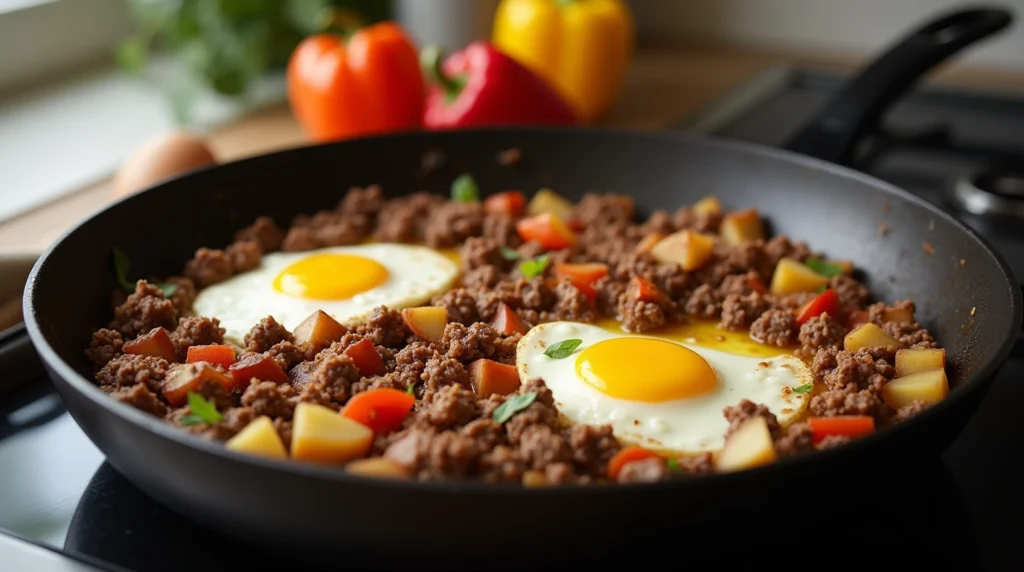 Ground beef breakfast hash cooking in a skillet on a modern stovetop.