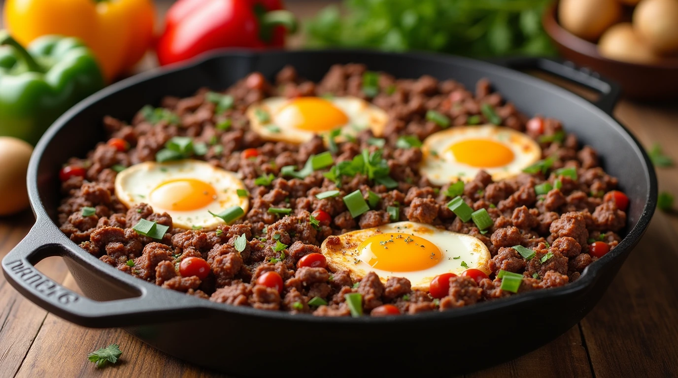 Ground beef breakfast hash served in a skillet with fresh ingredients on a wooden table.