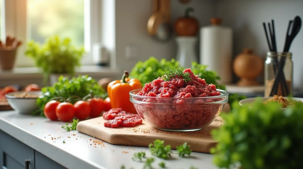 Raw ground beef with fresh vegetables and spices on a modern kitchen counter