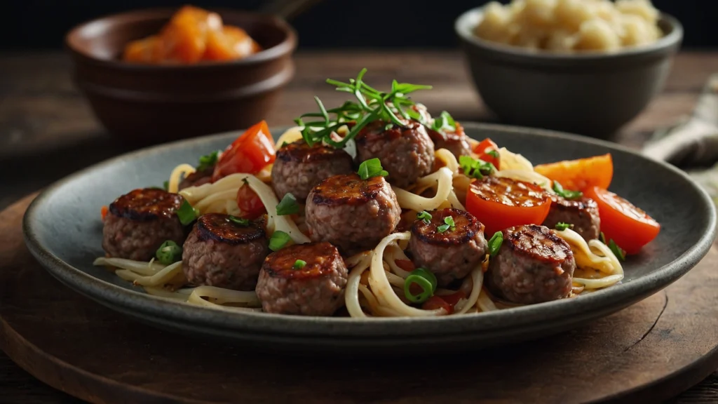 A savory sausage and potato skillet, with crispy potatoes and browned sausage, garnished with fresh herbs.