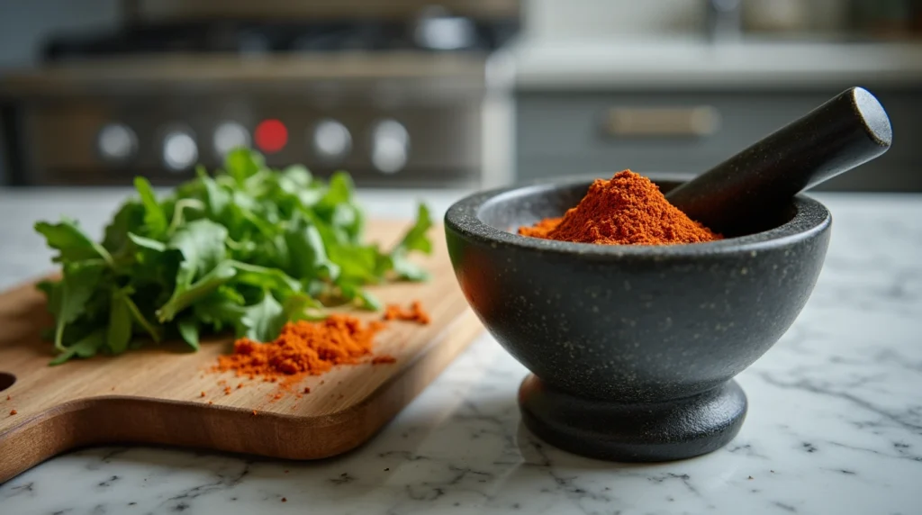 Ground spices in molcajete on a modern kitchen counter