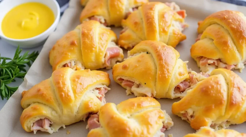 Golden crescent rolls filled with ham and melted cheese on a baking sheet.