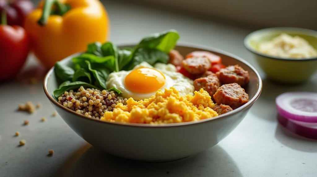 Healthy breakfast bowl with scrambled eggs, chicken sausage, quinoa, and veggies.