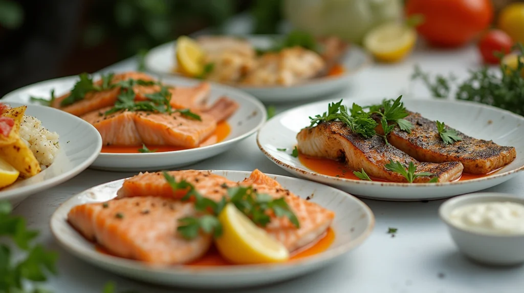 Variety of fish dishes in a modern kitchen, garnished with fresh herbs and lemon