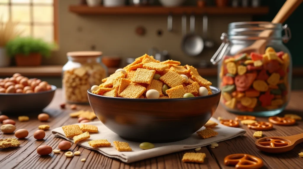 ingredients for homemade Chex Mix in a modern kitchen