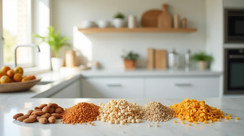  A variety of fresh ingredients such as almonds, sesame seeds, and whole grain cereals are arranged on a kitchen counter