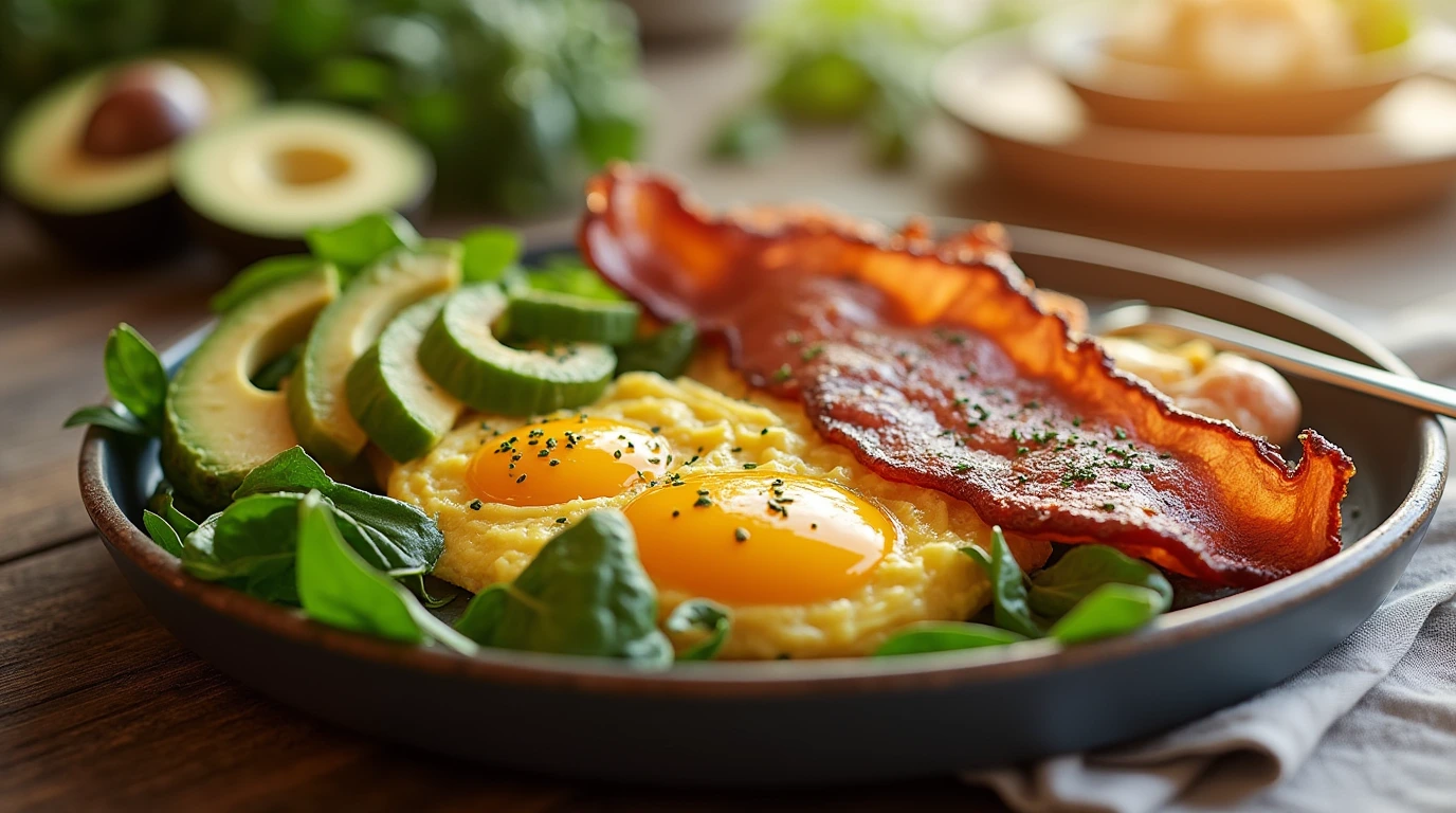 A healthy breakfast spread with turkey bacon, scrambled eggs, avocado, and spinach on a rustic wooden table in a bright kitchen.