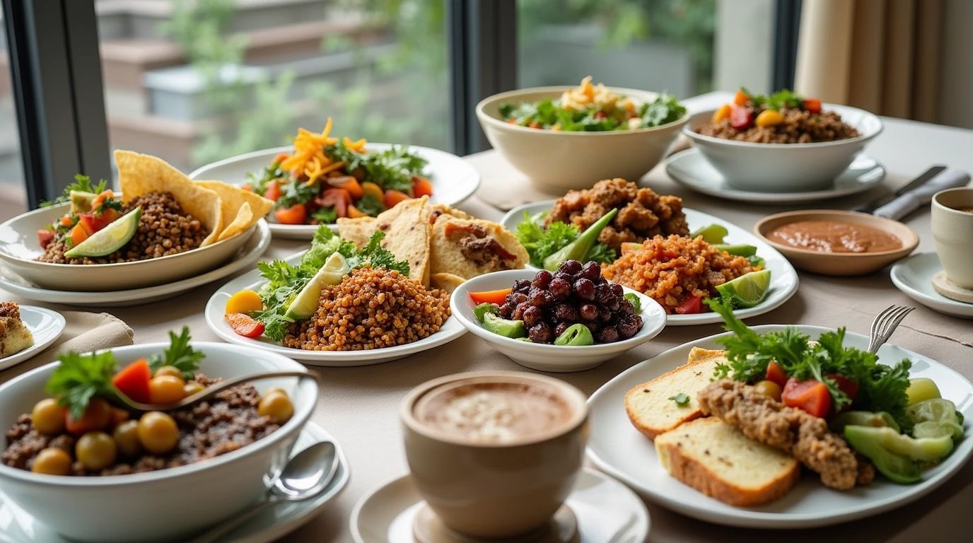 Healthy no bake dinner recipes with fresh vegetables and grain bowls on a modern dining table.