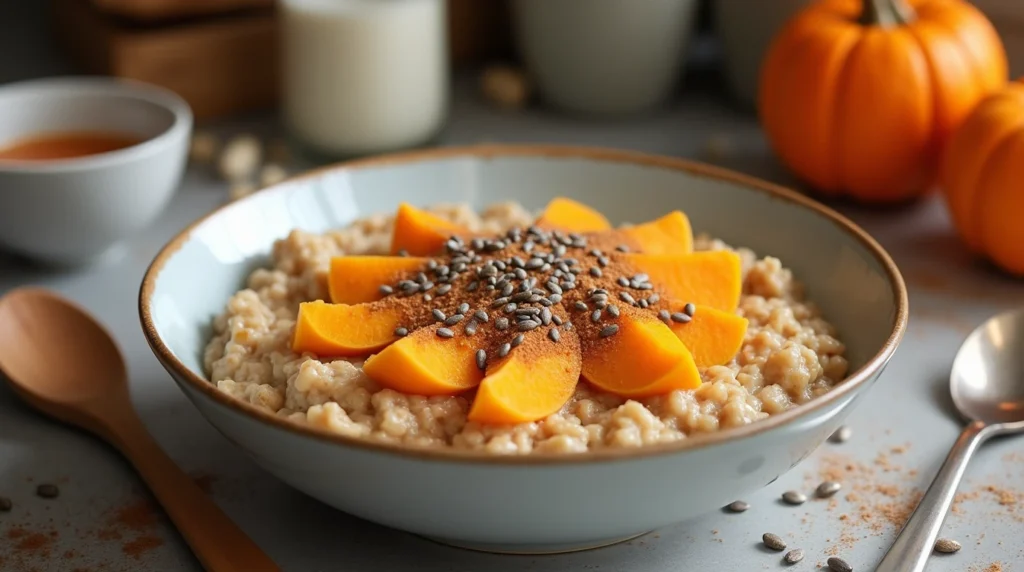 Warm pumpkin oatmeal with chia seeds and cinnamon served in a modern kitchen