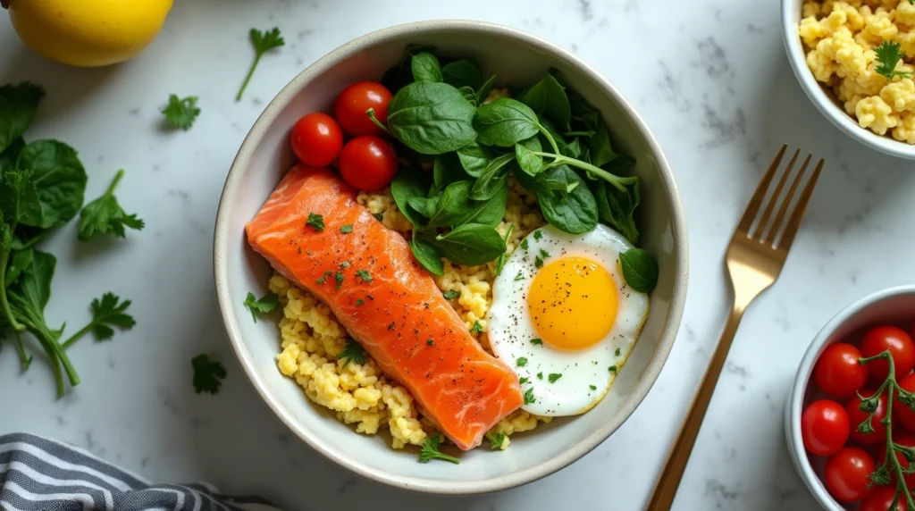 Assembling a nutritious salmon breakfast bowl with eggs, spinach, and tomatoes.